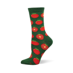 Single dark green crew sock with a repeating pattern of whole and sliced red tomatoes. Whole tomatoes have green stems; sliced show seeds.