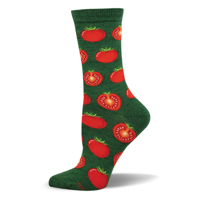 Single dark green crew sock with a repeating pattern of whole and sliced red tomatoes. Whole tomatoes have green stems; sliced show seeds.