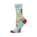 Light blue bamboo crew sock with baking pattern: red stand mixer, flour, cookies, milk, rolling pin, whisk. Red heel & toe.