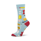 Light blue bamboo crew sock with baking pattern: red stand mixer, flour, cookies, milk, rolling pin, whisk. Red heel & toe.