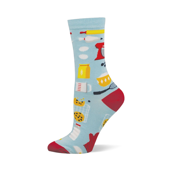 Light blue bamboo crew sock with baking pattern: red stand mixer, flour, cookies, milk, rolling pin, whisk. Red heel & toe. }}