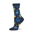 Navy blue crew socks with a repeating pattern of yellow, blue, and white pickleball paddles and yellow-green pickleballs.