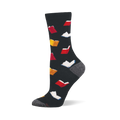 Dark grey bamboo crew sock with a scattered pattern of open books in red, yellow-orange, and white with blue edges. Grey heel and toe.