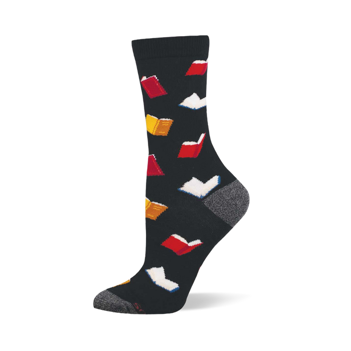 Dark grey bamboo crew sock with a scattered pattern of open books in red, yellow-orange, and white with blue edges. Grey heel and toe. }}