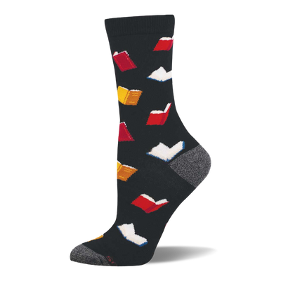 Dark grey bamboo crew sock with a scattered pattern of open books in red, yellow-orange, and white with blue edges. Grey heel and toe.