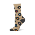 A single tan crew sock with a pattern of black vinyl records, colorful labels, and white music notes. Dark grey heel and toe.