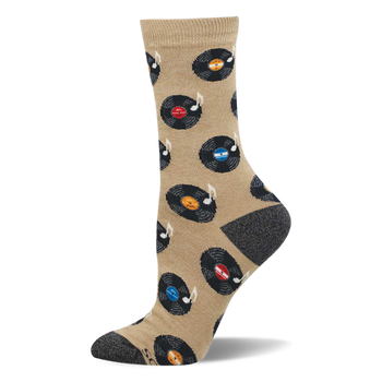 A single tan crew sock with a pattern of black vinyl records, colorful labels, and white music notes. Dark grey heel and toe.