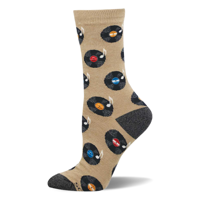 A single tan crew sock with a pattern of black vinyl records, colorful labels, and white music notes. Dark grey heel and toe.