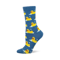 Blue crew socks with a repeating pattern of yellow rubber ducks surrounded by white bubbles and dots, made with bamboo.
