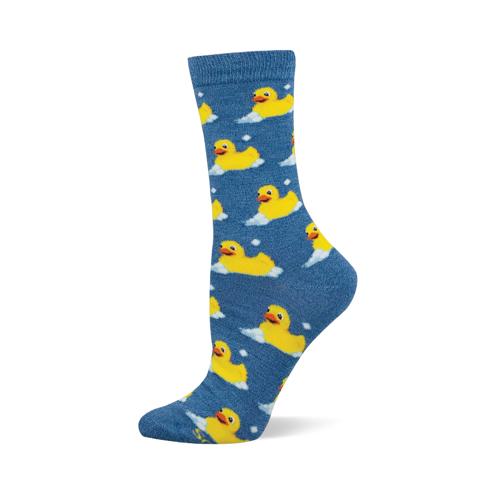 Blue crew socks with a repeating pattern of yellow rubber ducks surrounded by white bubbles and dots, made with bamboo.