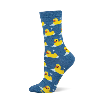 Blue crew socks with a repeating pattern of yellow rubber ducks surrounded by white bubbles and dots, made with bamboo.