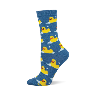 Blue crew socks with a repeating pattern of yellow rubber ducks surrounded by white bubbles and dots, made with bamboo.