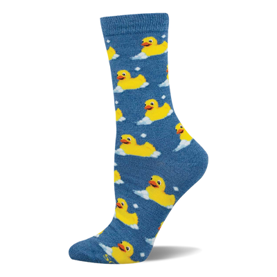 Blue crew socks with a repeating pattern of yellow rubber ducks surrounded by white bubbles and dots, made with bamboo.