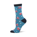 Blue crew sock with a pattern of pink axolotls and white polka dots. Dark blue cuff, heel, and toe.