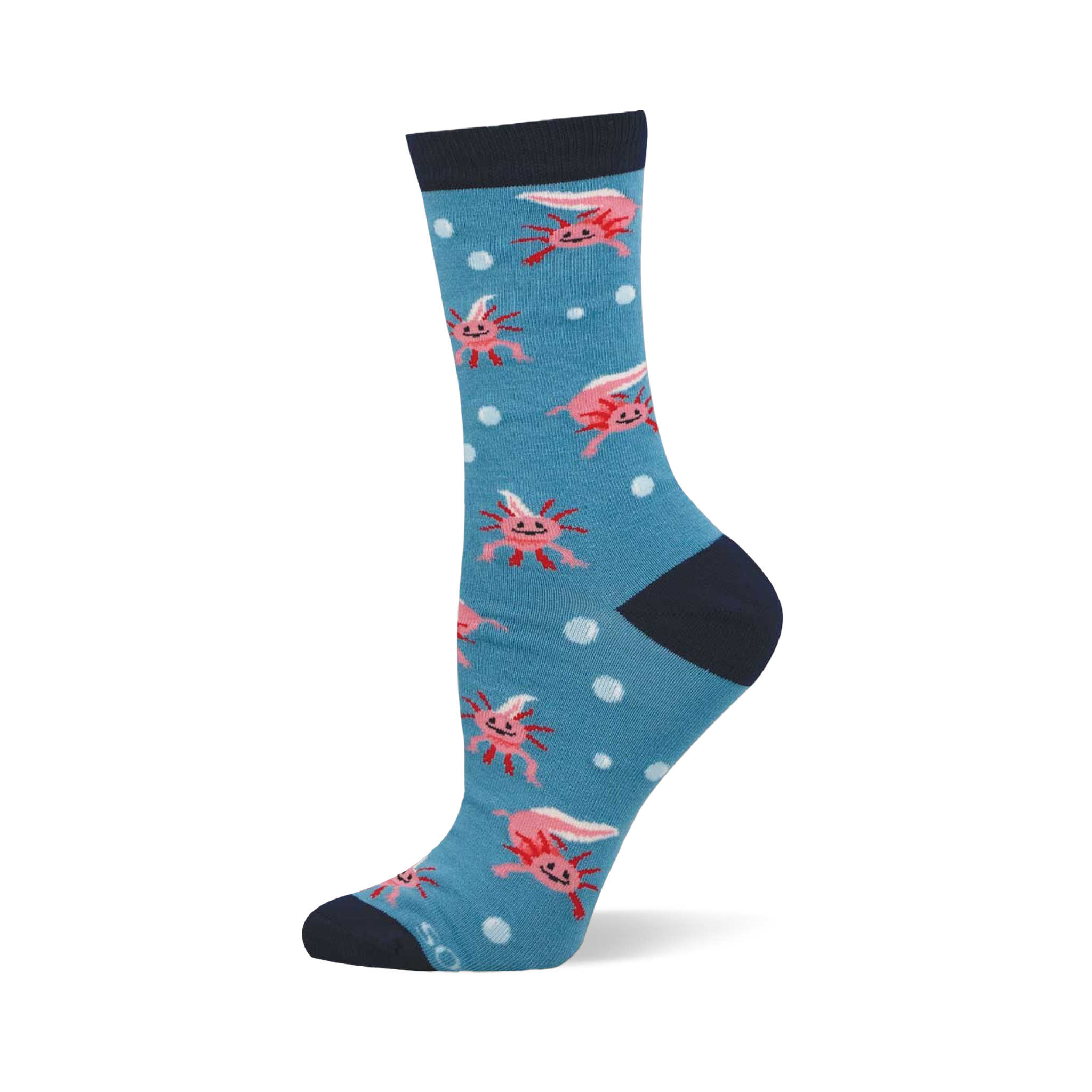 Blue crew sock with a pattern of pink axolotls and white polka dots. Dark blue cuff, heel, and toe.