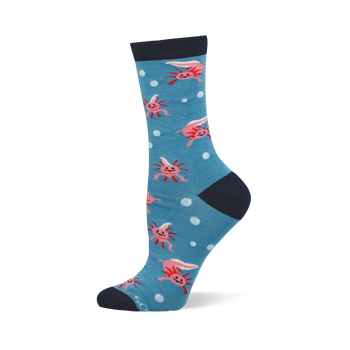 Blue crew sock with a pattern of pink axolotls and white polka dots. Dark blue cuff, heel, and toe.