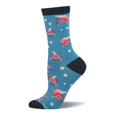 Blue crew sock with a pattern of pink axolotls and white polka dots. Dark blue cuff, heel, and toe.