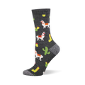 One heather grey crew sock with a repeating pattern of white llamas with red and yellow saddles, green cacti, yellow elongated shapes, and red chili peppers.