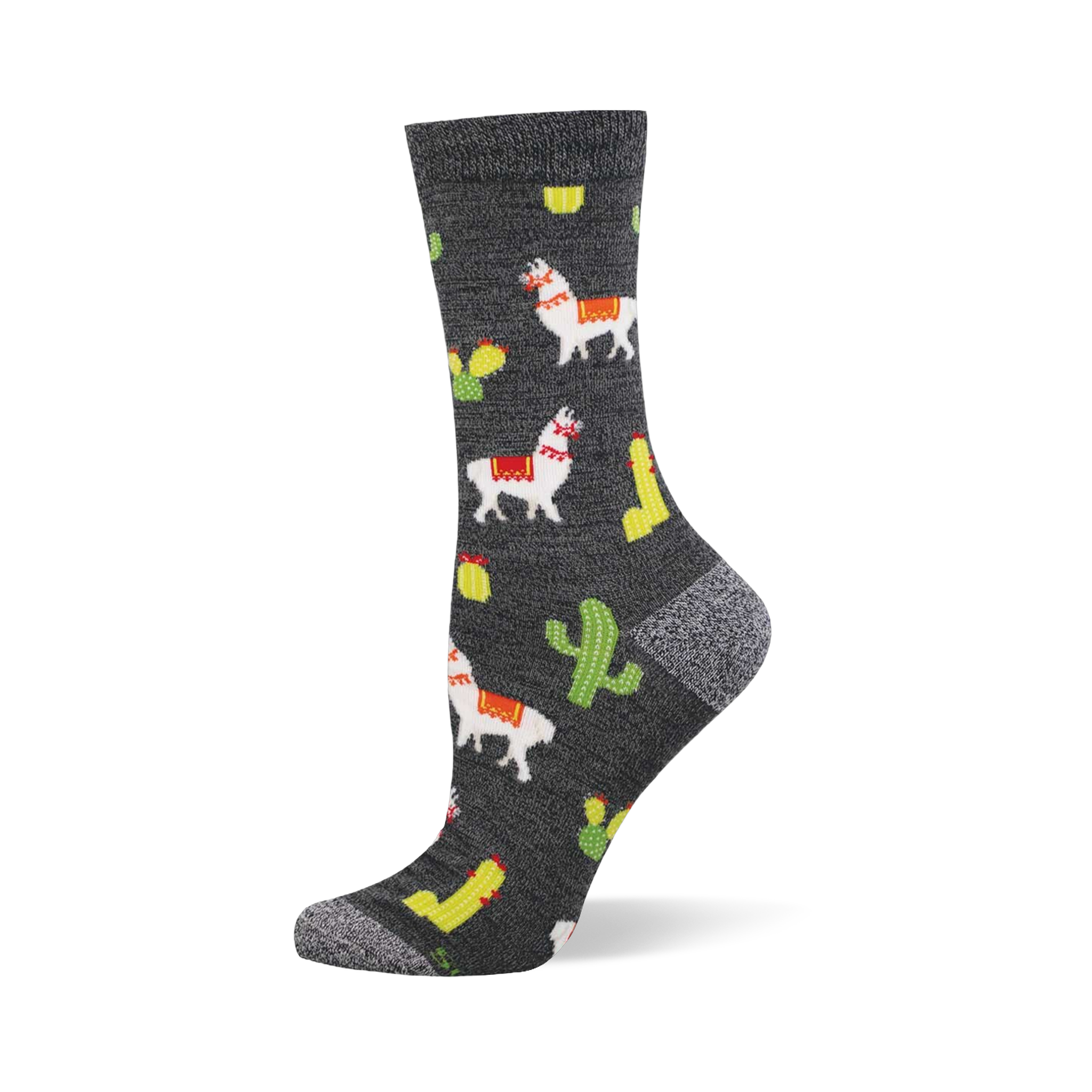 One heather grey crew sock with a repeating pattern of white llamas with red and yellow saddles, green cacti, yellow elongated shapes, and red chili peppers.