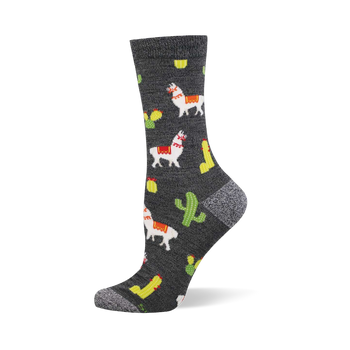 One heather grey crew sock with a repeating pattern of white llamas with red and yellow saddles, green cacti, yellow elongated shapes, and red chili peppers.