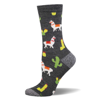 One heather grey crew sock with a repeating pattern of white llamas with red and yellow saddles, green cacti, yellow elongated shapes, and red chili peppers.