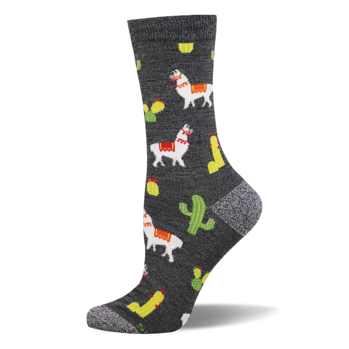 One heather grey crew sock with a repeating pattern of white llamas with red and yellow saddles, green cacti, yellow elongated shapes, and red chili peppers. }}