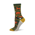 Dark green crew sock with orange deer, bear, rabbit, owl, and forest flora. Yellow toe/heel and white/black striped sole.