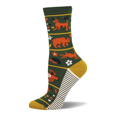 Dark green crew sock with orange deer, bear, rabbit, owl, and forest flora. Yellow toe/heel and white/black striped sole.