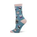 A single crew sock in teal with pink cuff, heel, and toe. Features a pattern of French bulldogs wearing sweaters, scarves, and earmuffs.
