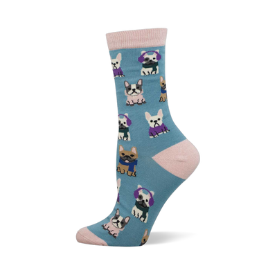 A single crew sock in teal with pink cuff, heel, and toe. Features a pattern of French bulldogs wearing sweaters, scarves, and earmuffs.