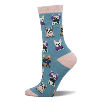 A single crew sock in teal with pink cuff, heel, and toe. Features a pattern of French bulldogs wearing sweaters, scarves, and earmuffs.