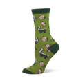 A single crew sock with an olive green base, dark green cuff, heel, and toe, featuring a pattern of black and white skunks and pink floral clusters.