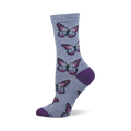 A single grey-blue heathered crew sock with purple and blue butterfly pattern, dark purple heel, toe, and cuff.