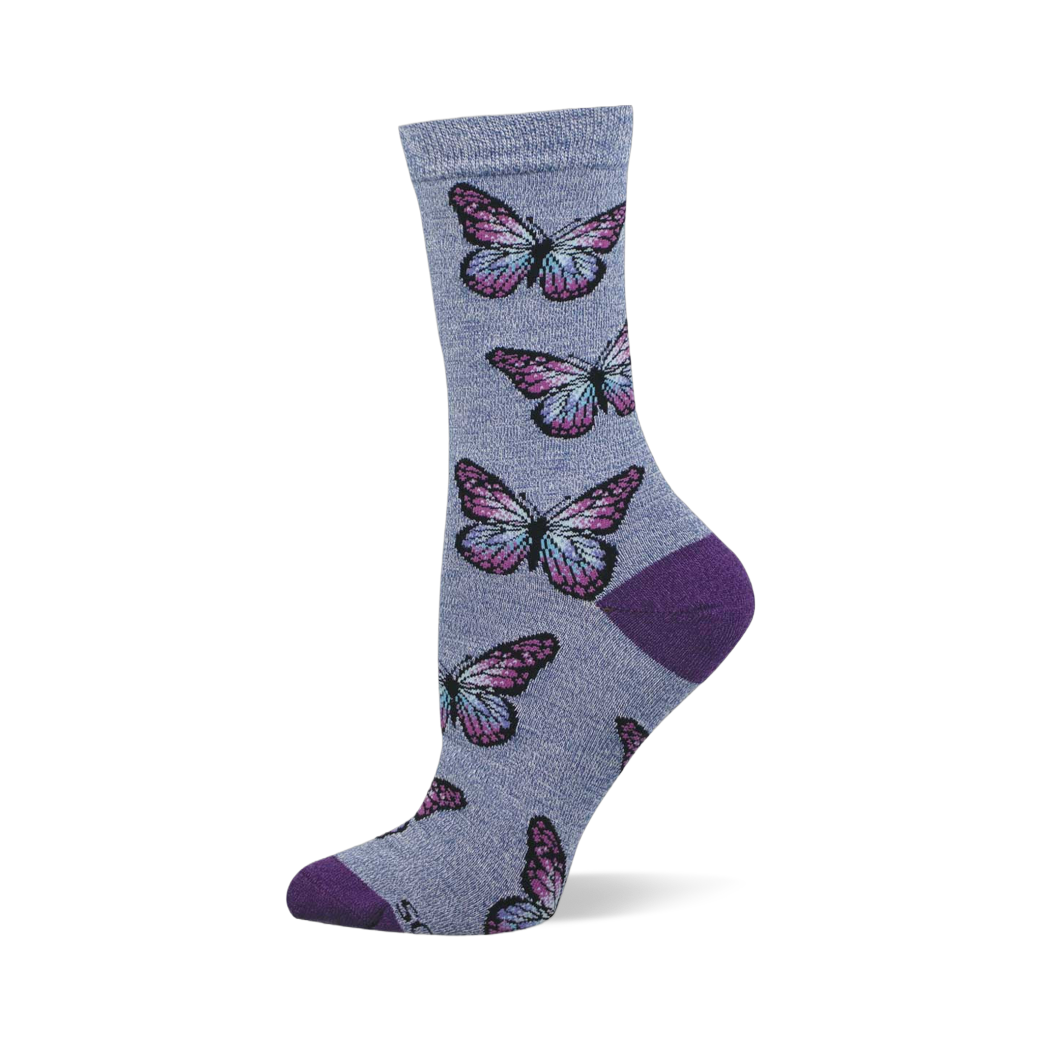 A single grey-blue heathered crew sock with purple and blue butterfly pattern, dark purple heel, toe, and cuff.