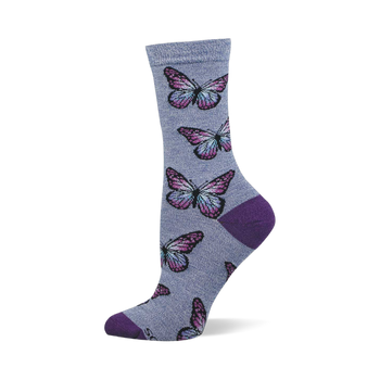 A single grey-blue heathered crew sock with purple and blue butterfly pattern, dark purple heel, toe, and cuff.