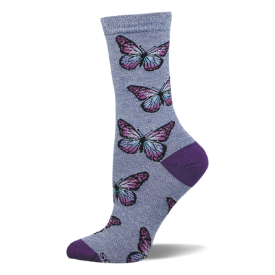 A single grey-blue heathered crew sock with purple and blue butterfly pattern, dark purple heel, toe, and cuff.