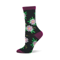 Black crew sock with passionfruit flowers in white, purple, and green, yellow vines, and dark purple cuff, heel, and toe.