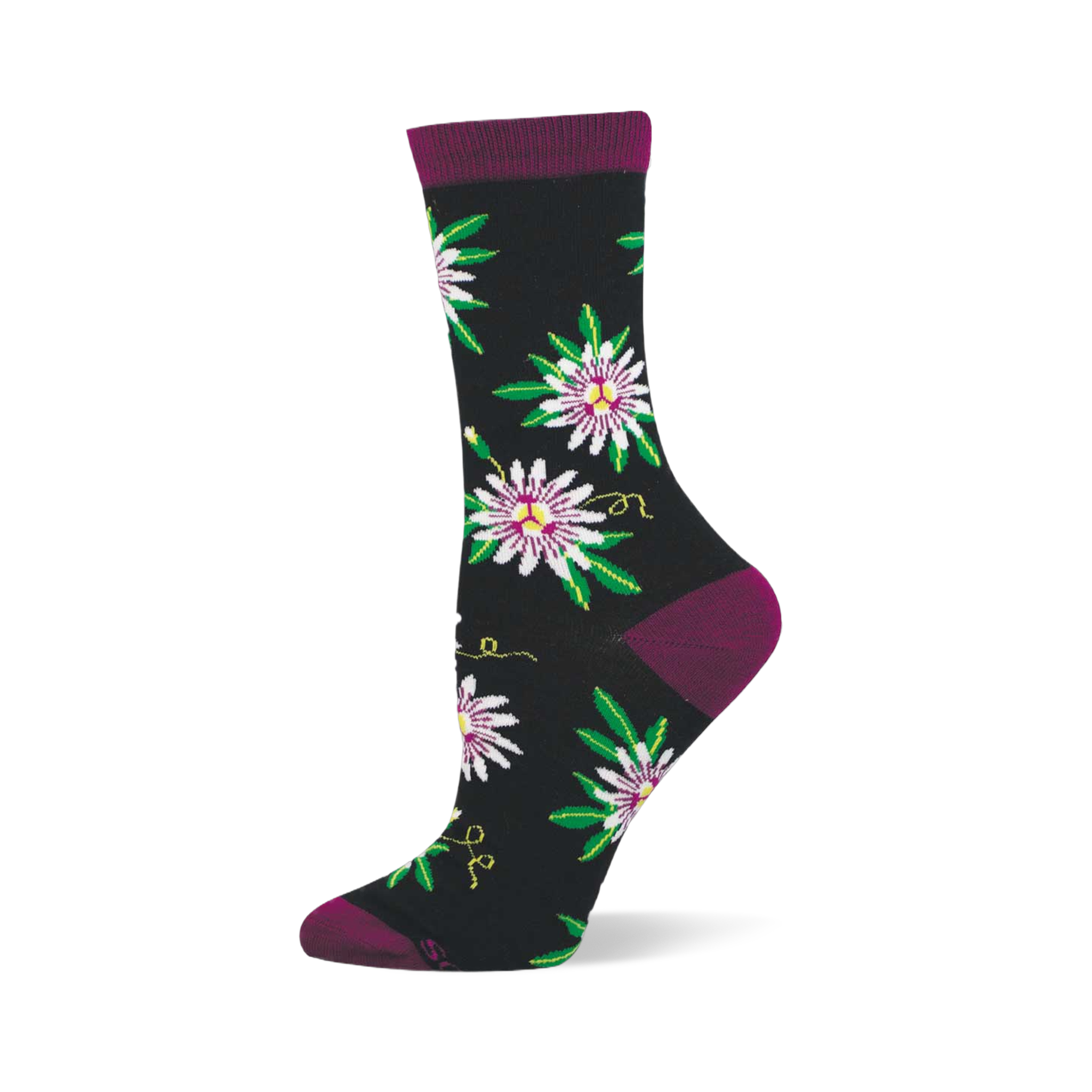 Black crew sock with passionfruit flowers in white, purple, and green, yellow vines, and dark purple cuff, heel, and toe.
