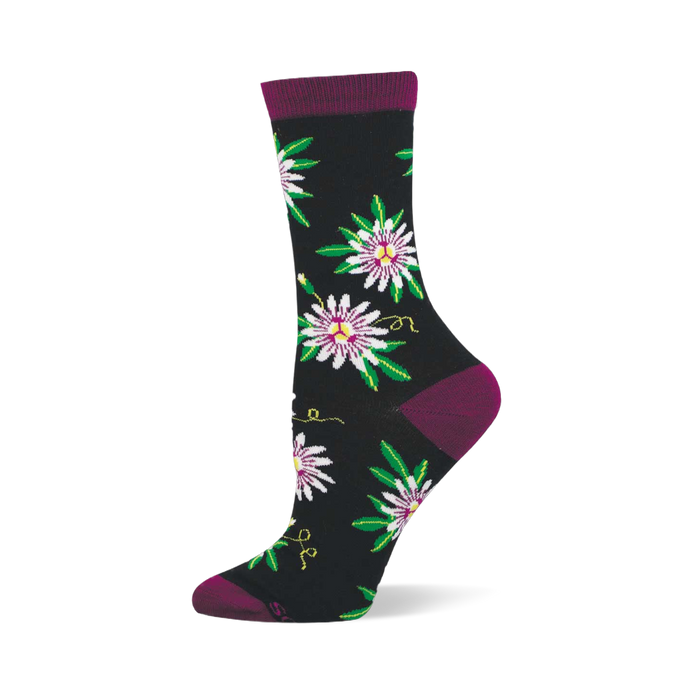 Black crew sock with passionfruit flowers in white, purple, and green, yellow vines, and dark purple cuff, heel, and toe. }}