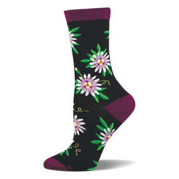 Black crew sock with passionfruit flowers in white, purple, and green, yellow vines, and dark purple cuff, heel, and toe.