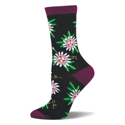 Black crew sock with passionfruit flowers in white, purple, and green, yellow vines, and dark purple cuff, heel, and toe.