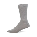 A single heather grey crew sock stands upright on a white background, viewed from the side, showing the toe, heel, and ribbed cuff.