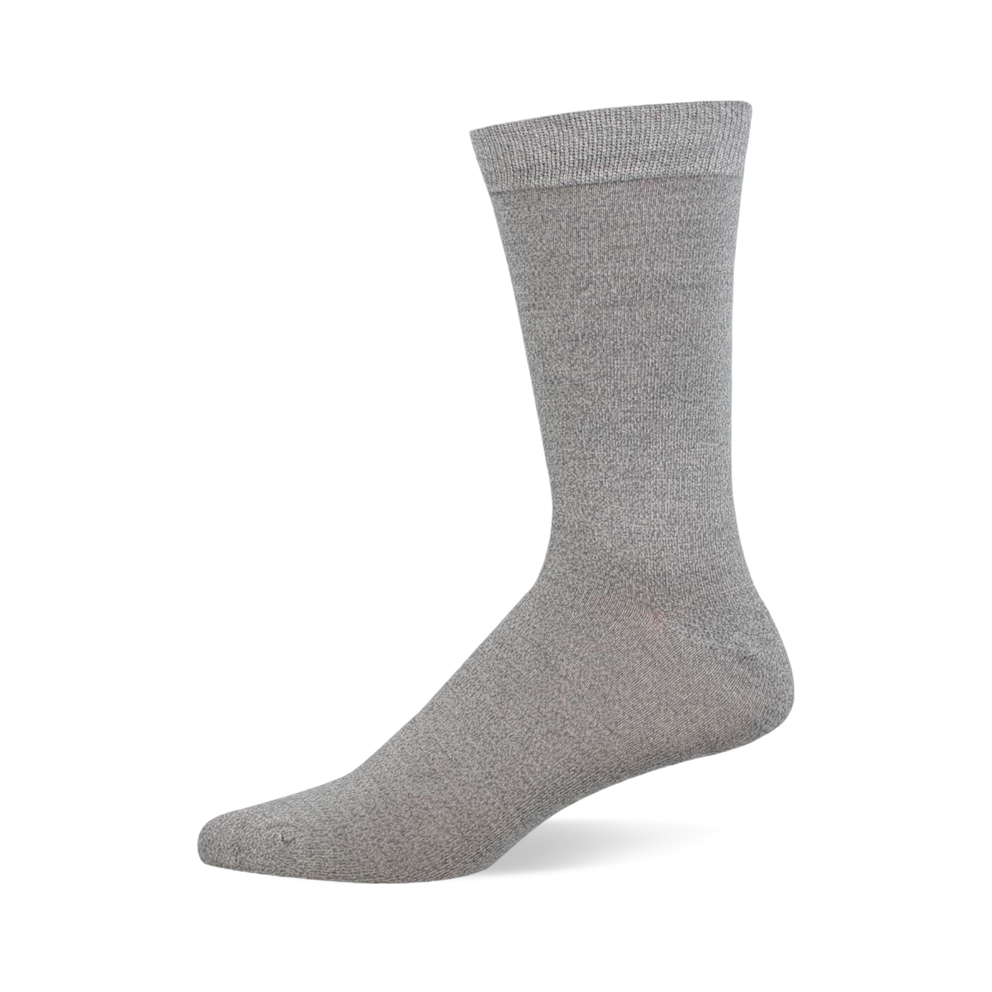 A single heather grey crew sock stands upright on a white background, viewed from the side, showing the toe, heel, and ribbed cuff.