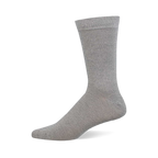 A single heather grey crew sock stands upright on a white background, viewed from the side, showing the toe, heel, and ribbed cuff.