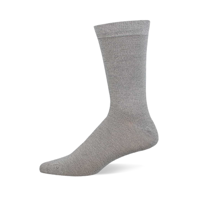 A single heather grey crew sock stands upright on a white background, viewed from the side, showing the toe, heel, and ribbed cuff.