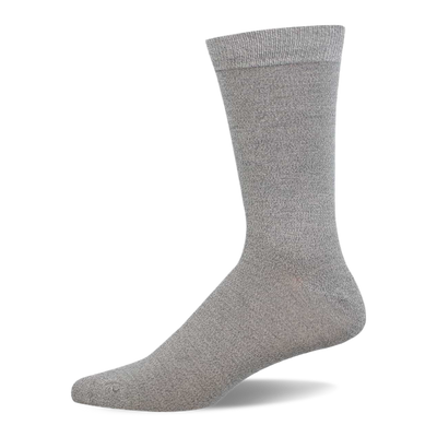 A single heather grey crew sock stands upright on a white background, viewed from the side, showing the toe, heel, and ribbed cuff.