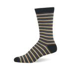 Close-up detail of the ribbed dark green cuff and the black body with light grey stripes on the sock.