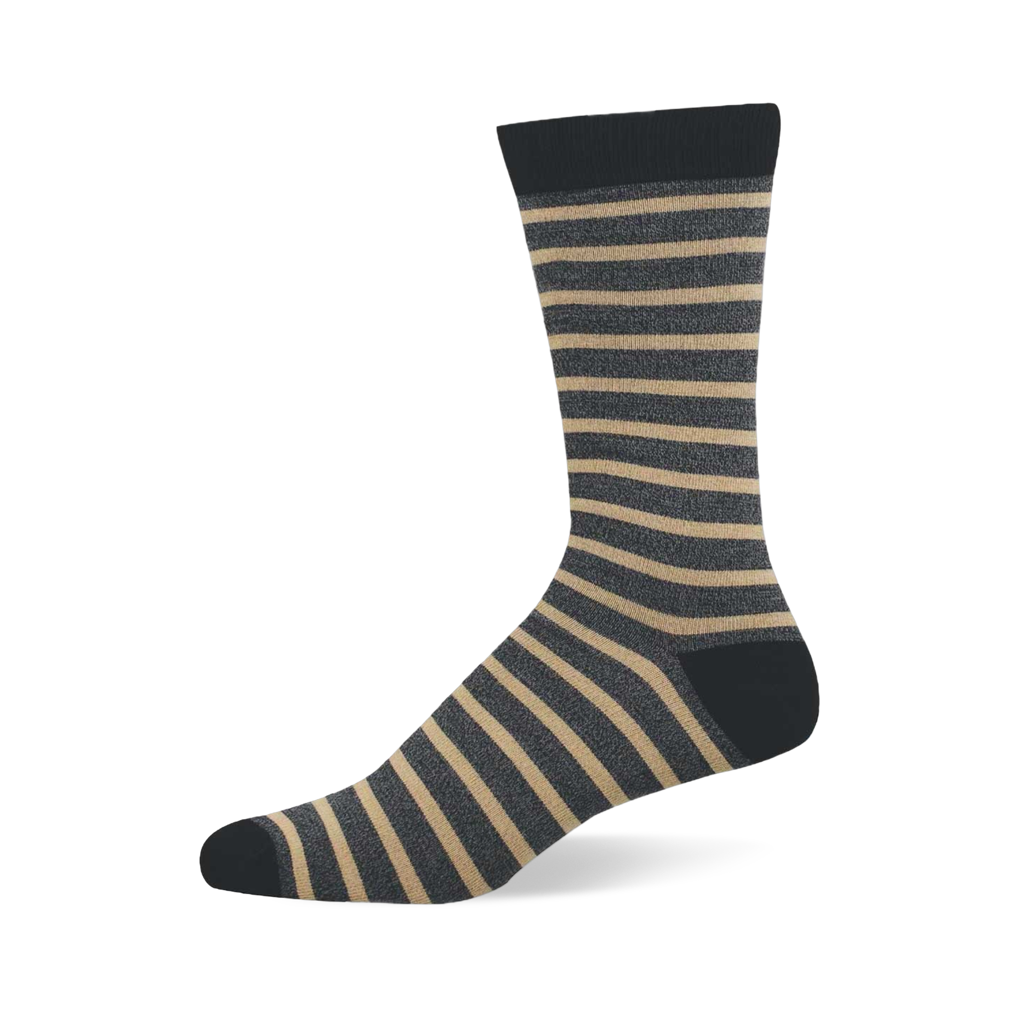 Close-up detail of the ribbed dark green cuff and the black body with light grey stripes on the sock.