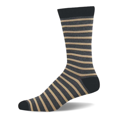 Single bamboo crew sock with dark grey background and sandy beige horizontal stripes, solid dark grey cuff, heel, and toe.