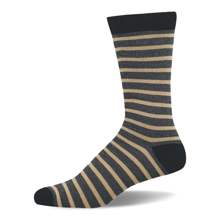 Single bamboo crew sock with dark grey background and sandy beige horizontal stripes, solid dark grey cuff, heel, and toe.